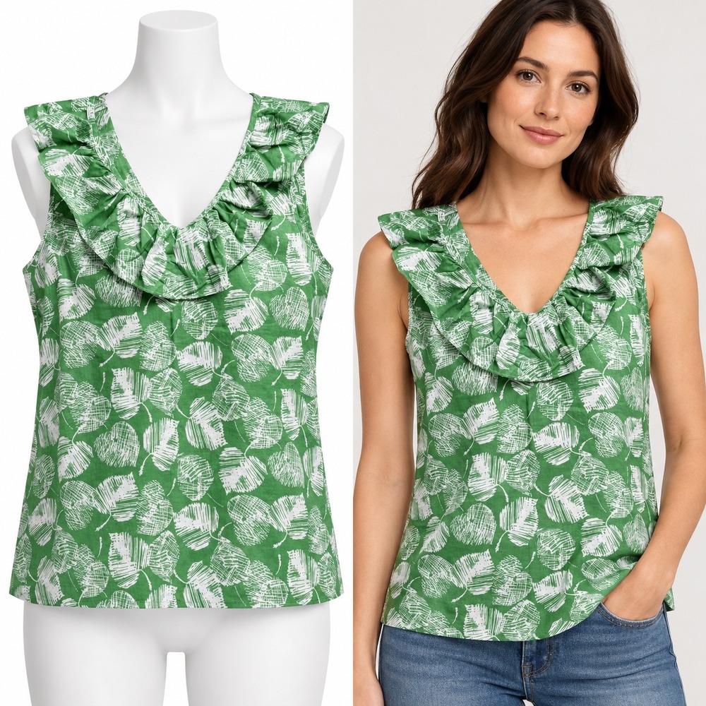Banana Republic Tank Top Womens L Green Leaf Print Ruffle Neck Cotton Sleeveless